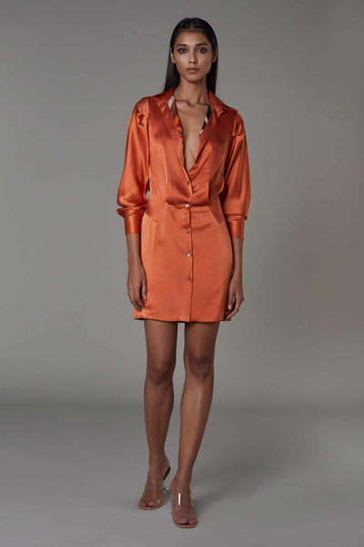 saaksha and kinni Shirt Dress With Inverted Print Collar rust western indian designer wear online shopping melange singapore