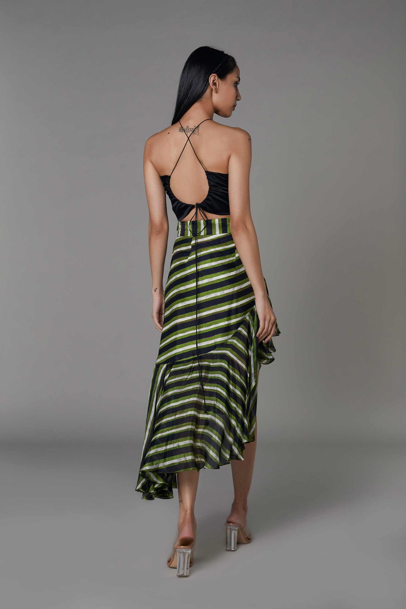 saaksha and kinni Stripe Print Asymmetric Frilled Skirt green black western indian designer wear online shopping melange singapore