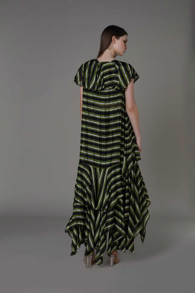 saaksha and kinni Stripe Print Frilled Asymmetric Cape black green western indian designer wear online shopping melange singapore