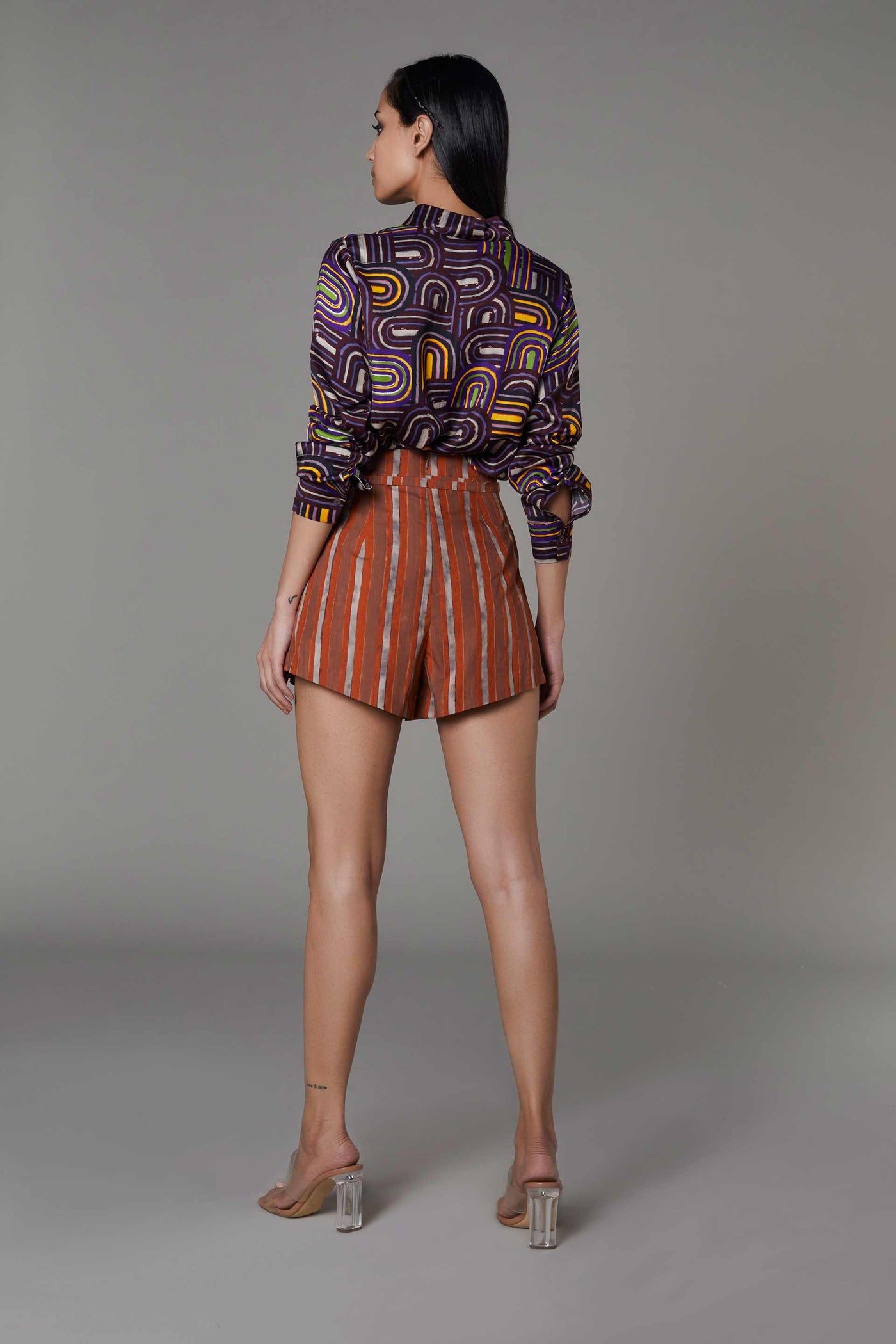 saaksha and kinni Stripe Print High Waisted Shorts rust western indian designer wear online shopping melange singapore