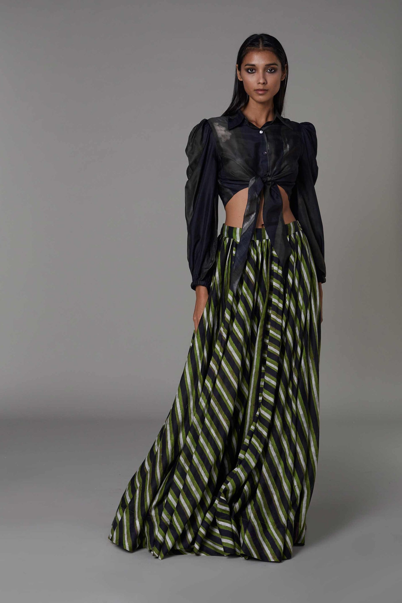 Saaksha and kinni Stripe Print Lehenga green black western indian designer wear online shopping melange singapore