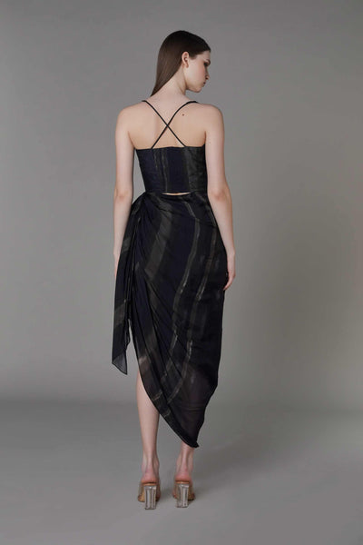 saaksha and kinni Stripe Print Side Draped Asymmetric Dress black western indian designer wear online shopping melange singapore