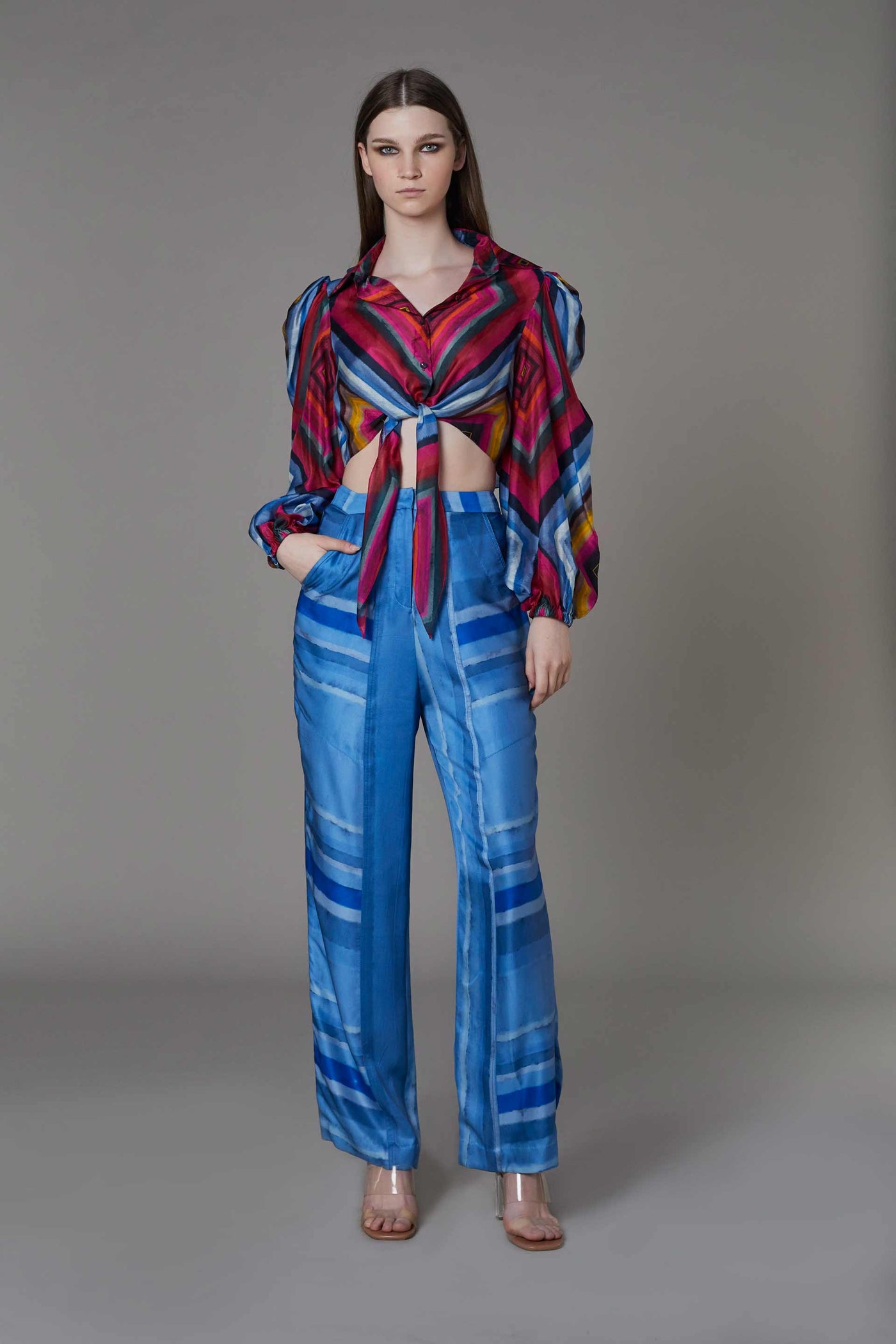 saaksha and kinni Blue Stripe Print Trousers blue western indian designer wear online shopping melange singapore