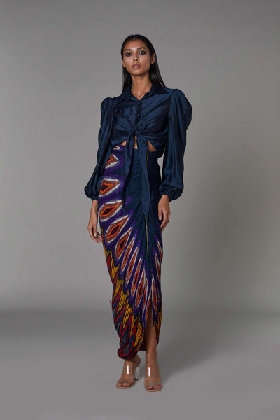 saaksha and kinni Abstract Print Hand Micro Pleated Skirt With Zip Detailing multicolor western indian designer wear online shopping melange singapore