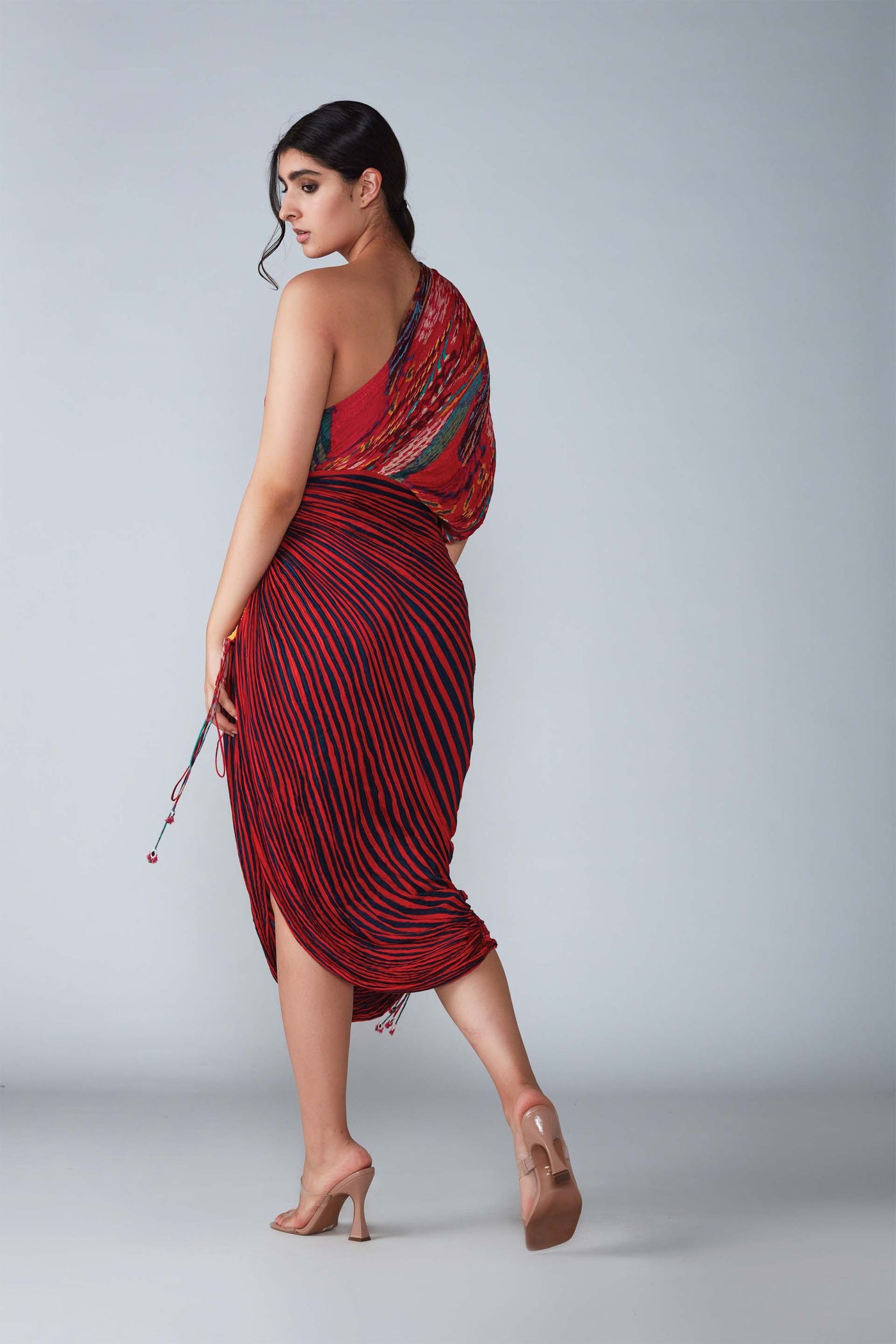 Saaksha & Kinni Abstract Bird And Stripe Dual Print Hand Micro Pleated Sari Dress indian designer womenswear fashion online shopping melange singapore