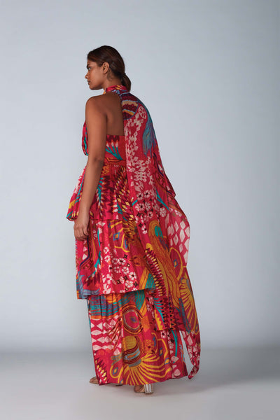 Saaksha & Kinni Abstract Bird Print 3 Tier Dress With Attached Overlay indian designer womenswear fashion online shopping melange singapore