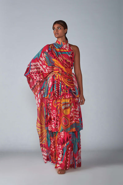 Saaksha & Kinni Abstract Bird Print 3 Tier Dress With Attached Overlay indian designer womenswear fashion online shopping melange singapore