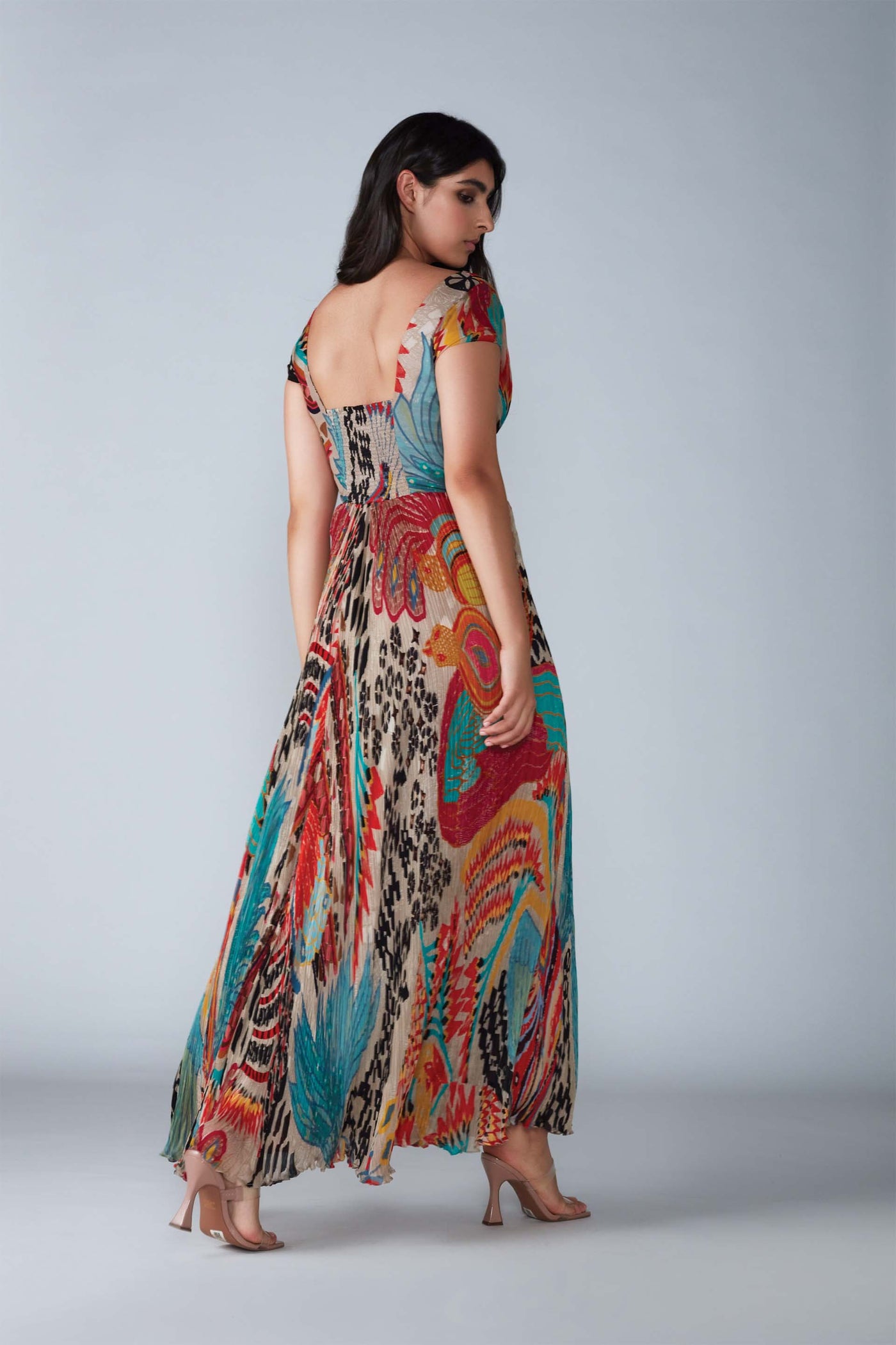 Saaksha & Kinni Abstract Bird Print Hand Micro Pleated Dress With Cap Sleeves indian designer womenswear fashion online shopping melange singapore