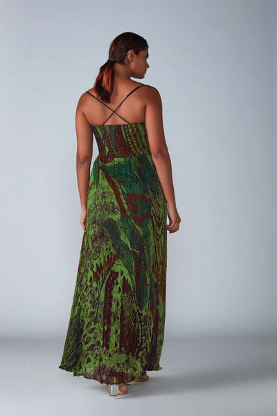 Saaksha & Kinni Abstract Bird Print Hand Micro Pleated Maix Dress With Adjustable Straps indian designer womenswear fashion online shopping melange singapore