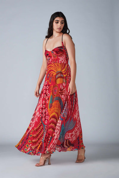 Saaksha & Kinni Abstract Bird Print Hand Micro Pleated Maxi Dress With Adjustable Straps indian designer womenswear fashion online shopping melange singapore