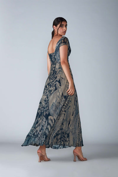 Saaksha & Kinni Abstract Bird Print Hand Micro Pleated Maxi Dress With Cap Sleeves indian designer womenswear fashion online shopping melange singapore