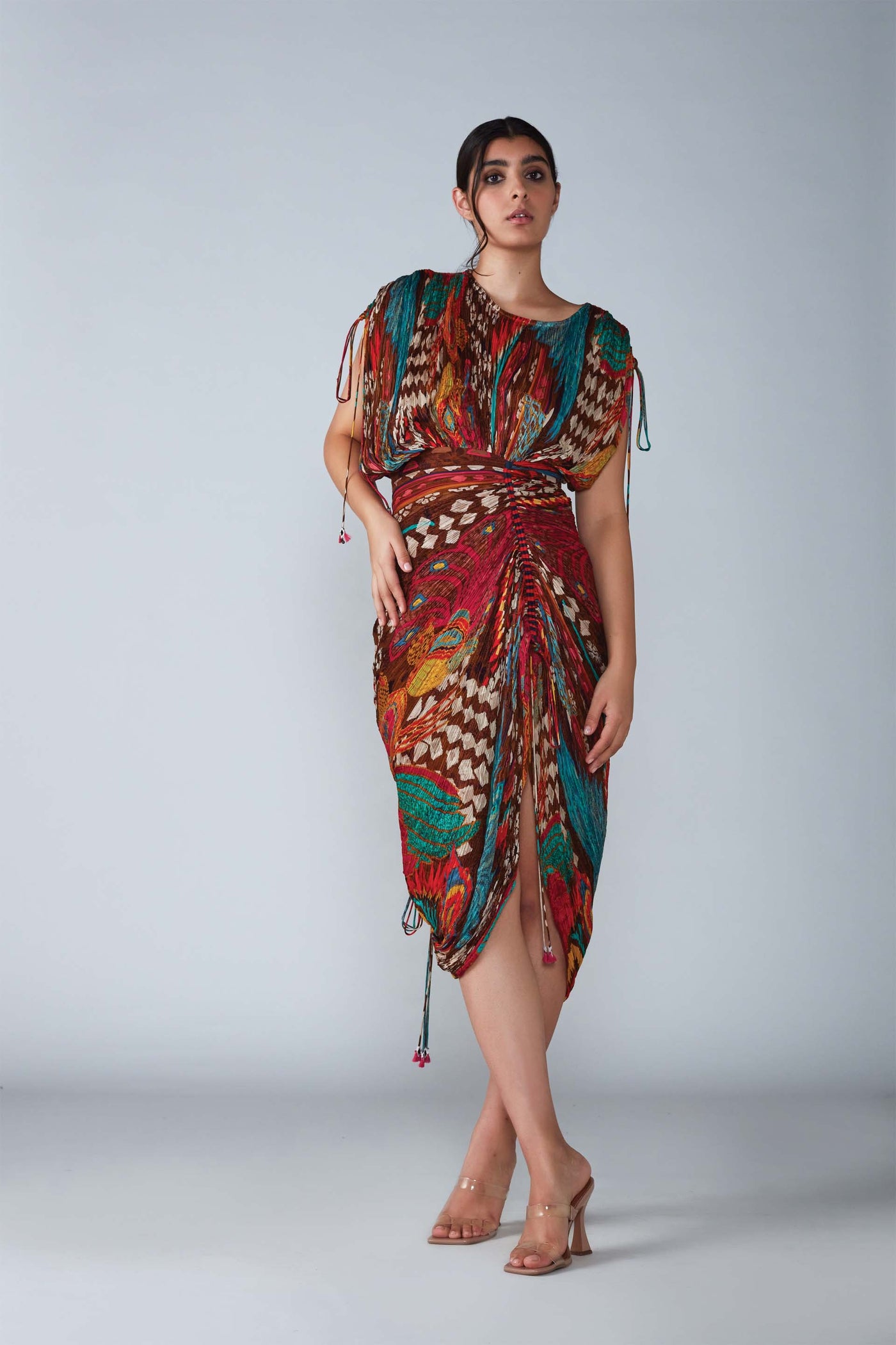 Saaksha & Kinni Abstract Bird Print Hand Micro Pleated Sari Dress indian designer womenswear fashion online shopping melange singapore