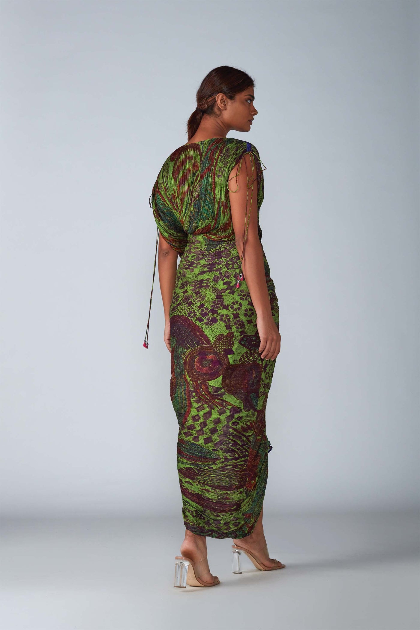 Saaksha & Kinni Abstract Bird Print Hand Micro Pleated Sari Dress With Ruffles indian designer womenswear fashion online shopping melange singapore