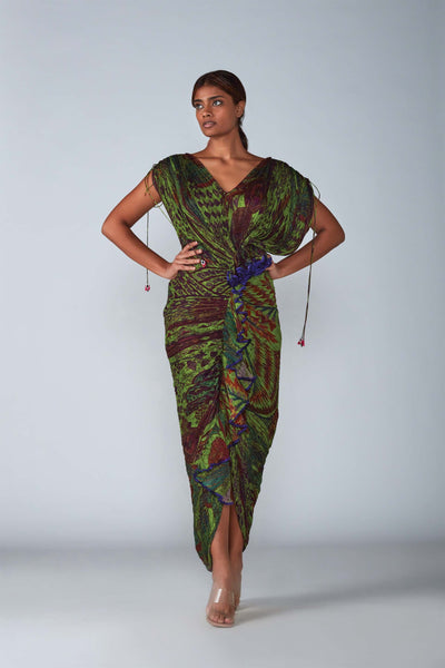 Saaksha & Kinni Abstract Bird Print Hand Micro Pleated Sari Dress With Ruffles indian designer womenswear fashion online shopping melange singapore