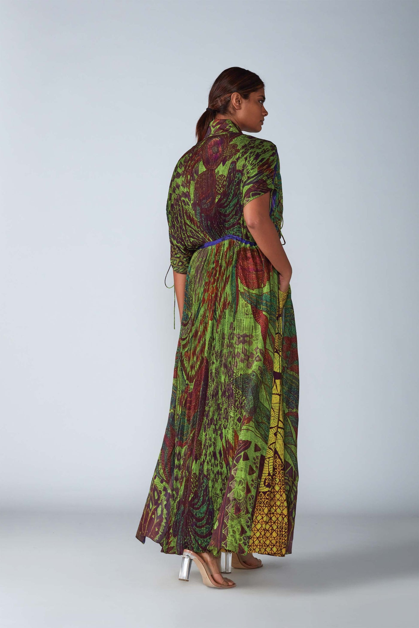 Saaksha & Kinni Abstract bird print kaftan style jacket with hand embroidered mirrors, tassles, bullion and thread work indian designer womenswear fashion online shopping melange singapore