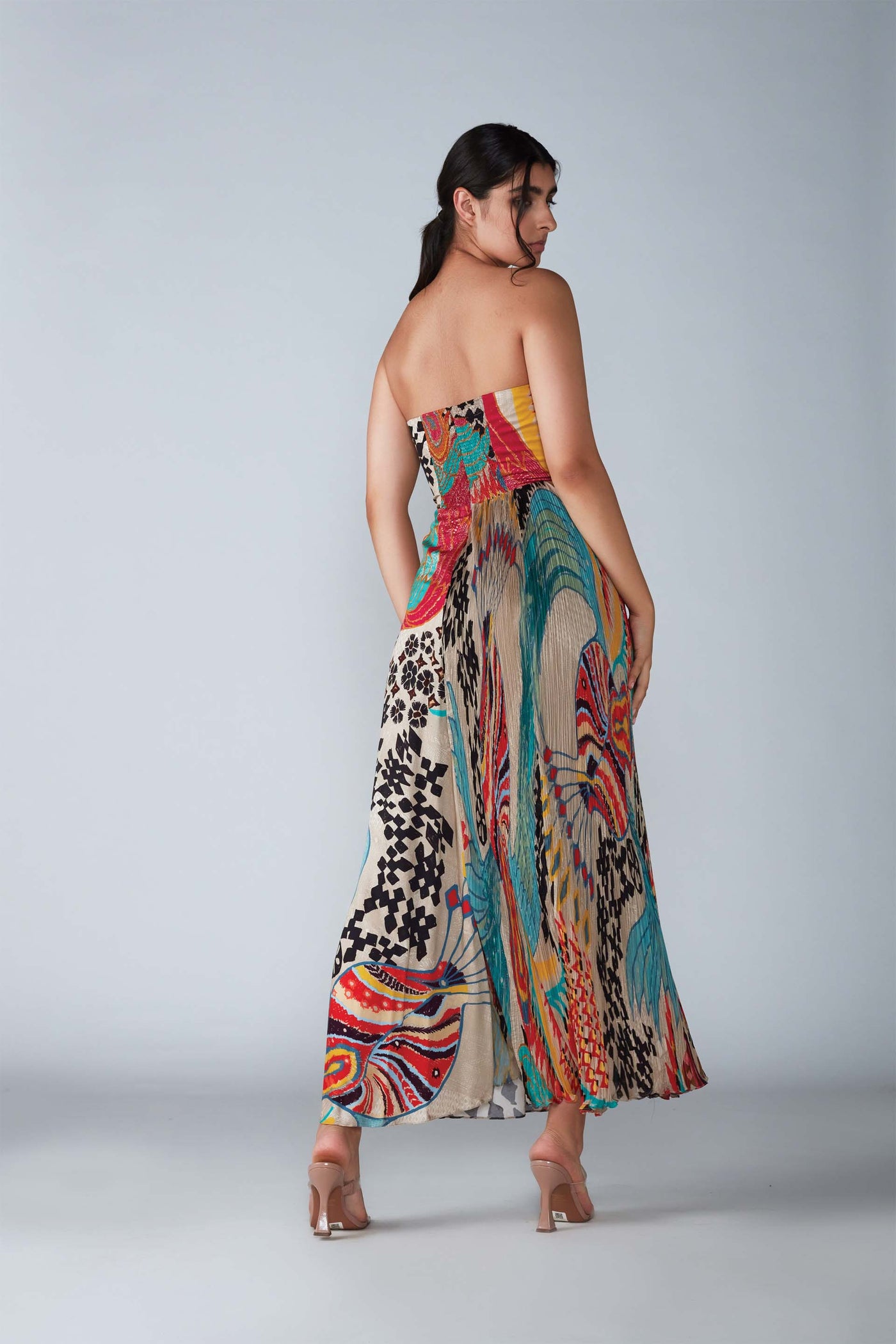 Saaksha & Kinni Abstract bird print part hand micro pleated maxi dress with customisable side slit indian designer womenswear fashion online shopping melange singapore