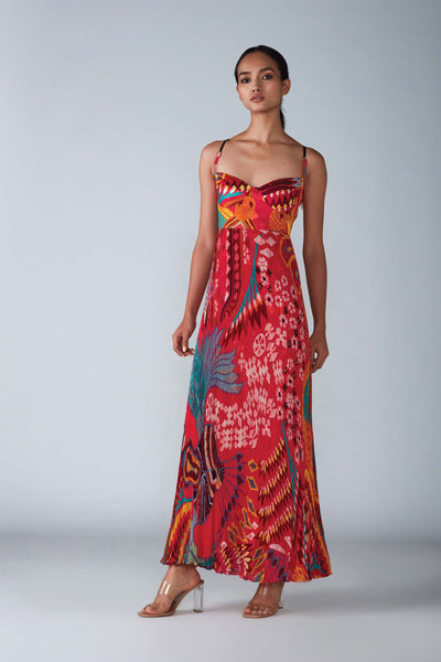 Saaksha & Kinni Abstract bird print part micro pleated dress with adjustable straps indian designer womenswear fashion online shopping melange singapore