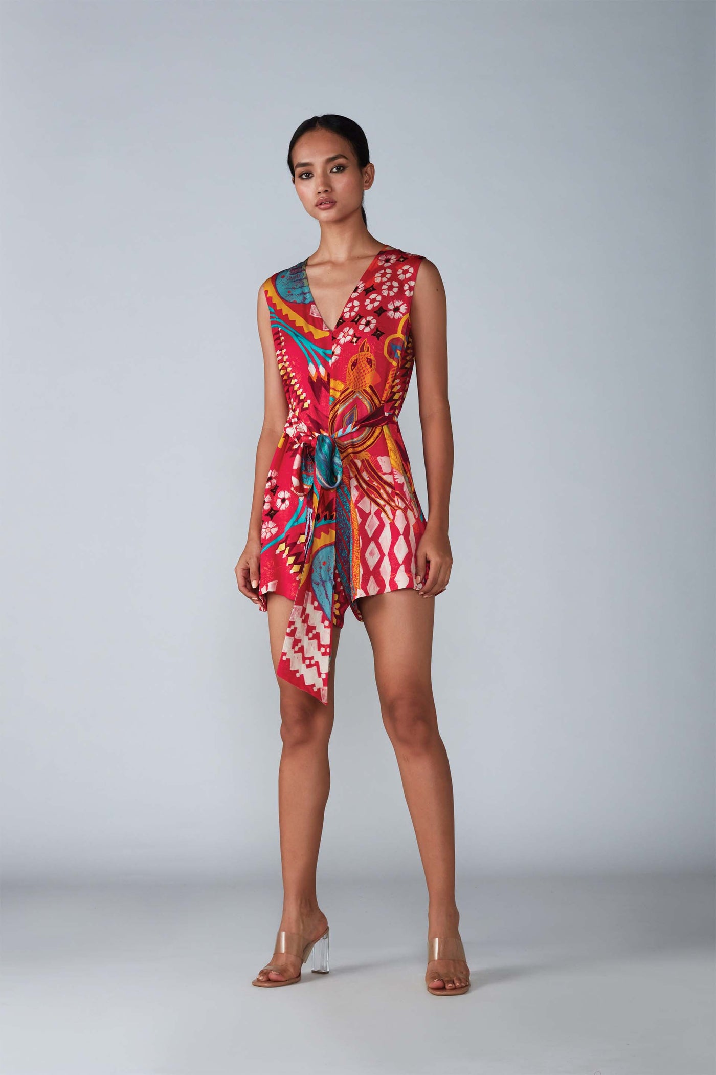 Saaksha & Kinni Abstract Bird Print Playsuit With Attached Belt indian designer womenswear fashion online shopping melange singapore