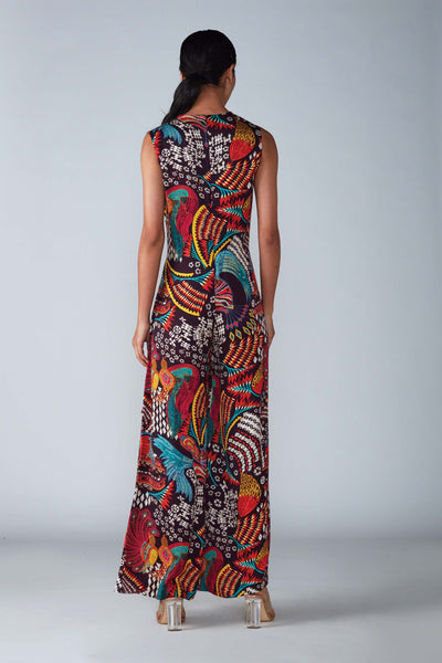 Saaksha & Kinni Abstract Bird Print Wide Leg Jumpsuit With Attached Belt indian designer womenswear fashion online shopping melange singapore