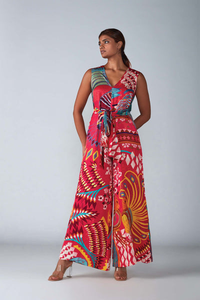 Saaksha & Kinni Abstract Bird Print Wide Leg Jumpsuit With Attached Belt indian designer womenswear fashion online shopping melange singapore