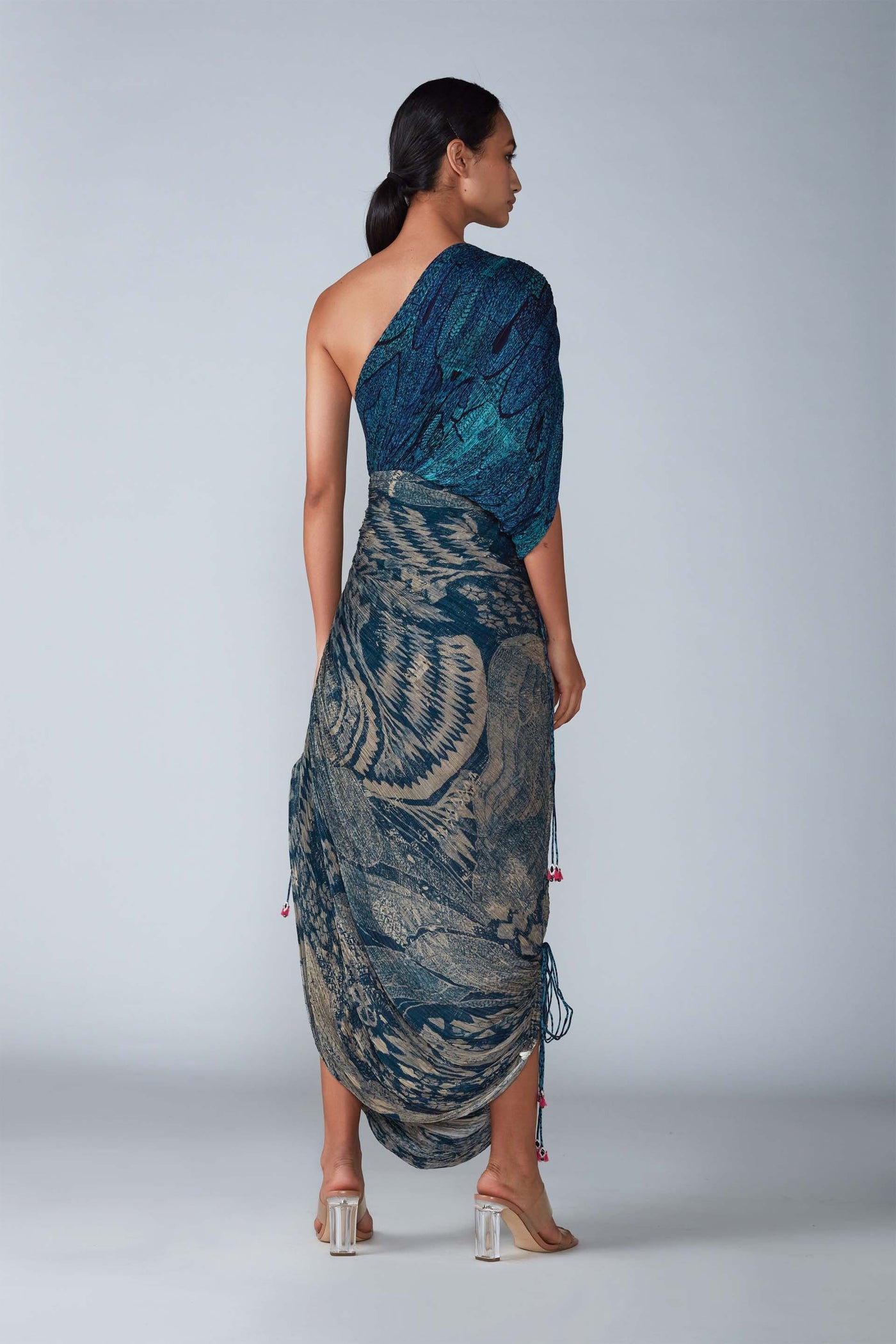 Saaksha & Kinni Abstract Bird & Tile Dual Print Hand Micro Pleated Sari Dress indian designer womenswear fashion online shopping melange singapore