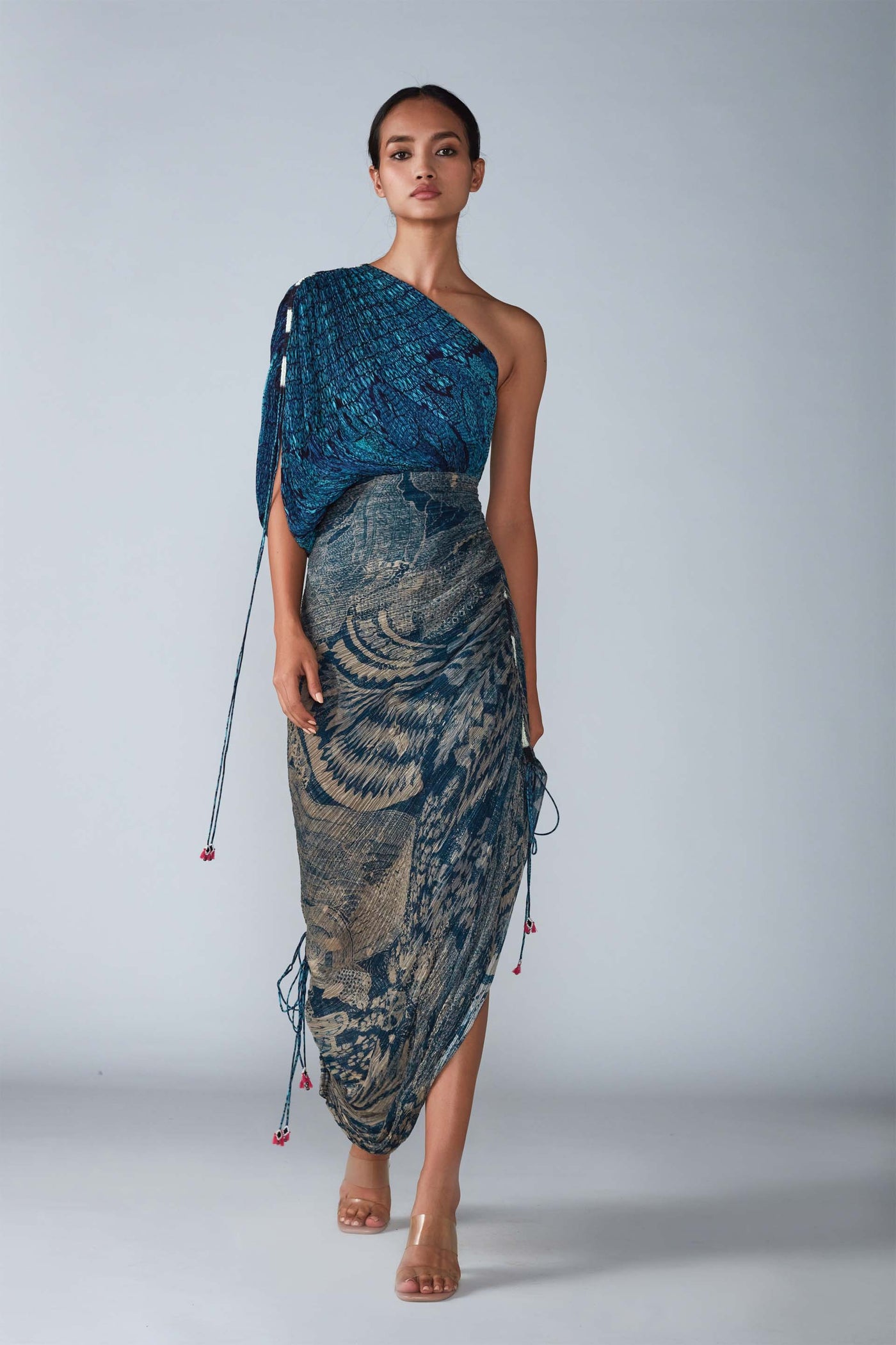 Saaksha & Kinni Abstract Bird & Tile Dual Print Hand Micro Pleated Sari Dress indian designer womenswear fashion online shopping melange singapore
