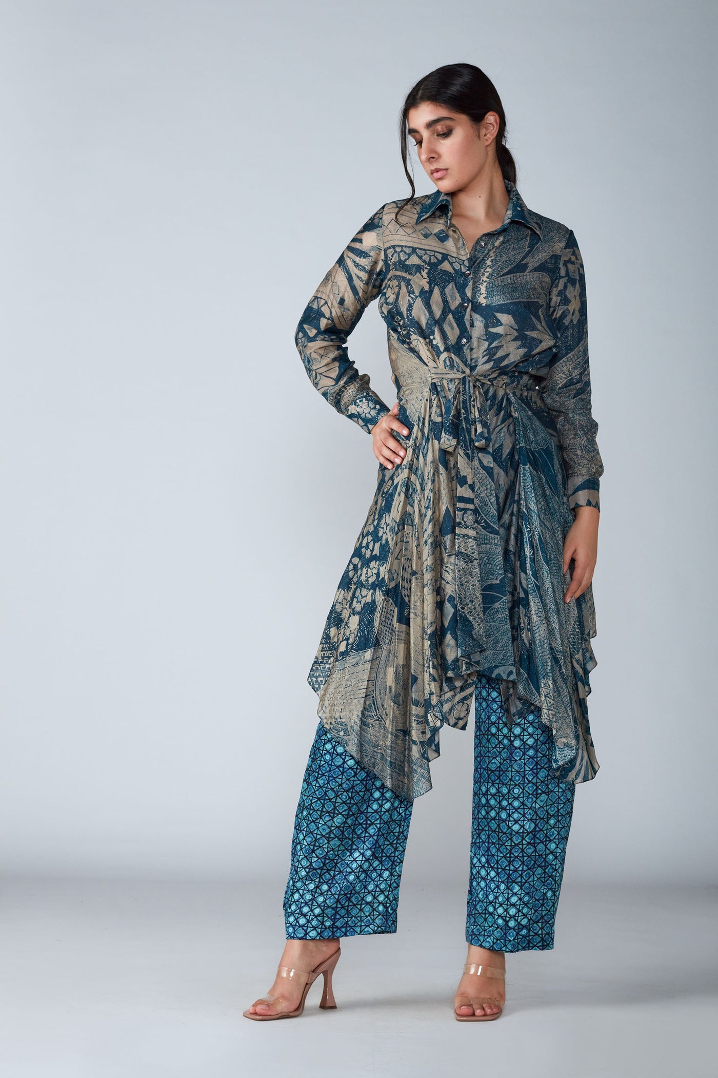 Saaksha and Kinni Abstract Bird Print Kurta With Attached Belt western indian designer womenswear fashion online shopping melange singapore