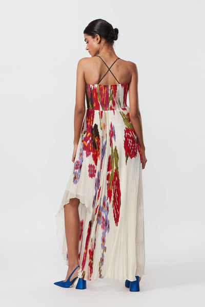 Saaksha and Kinni Abstract floral placement print, hand micro pleated asymmetric dress indian designer online shopping melange singapore