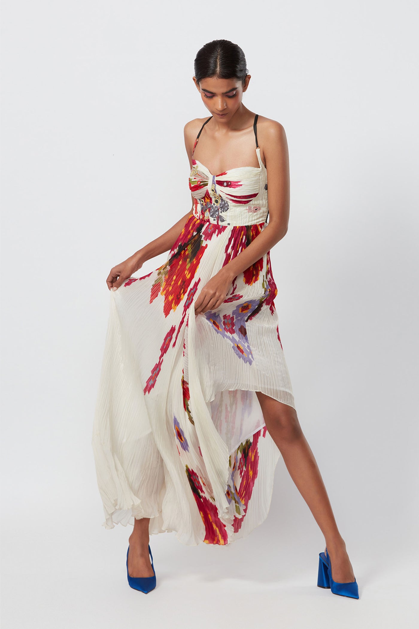 Saaksha and Kinni Abstract floral placement print, hand micro pleated asymmetric dress indian designer online shopping melange singapore