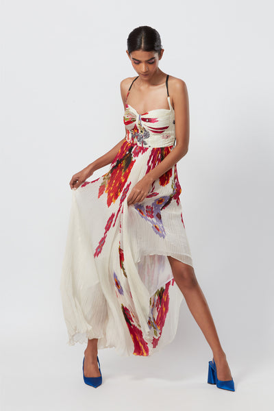 Saaksha and Kinni Abstract floral placement print, hand micro pleated asymmetric dress indian designer online shopping melange singapore