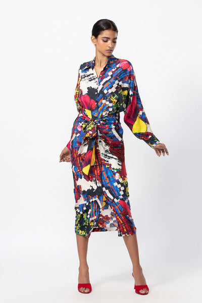 Saaksha and Kinni Abstract floral print collared shirt style dress with attached belt indian designer online shopping melange singapore