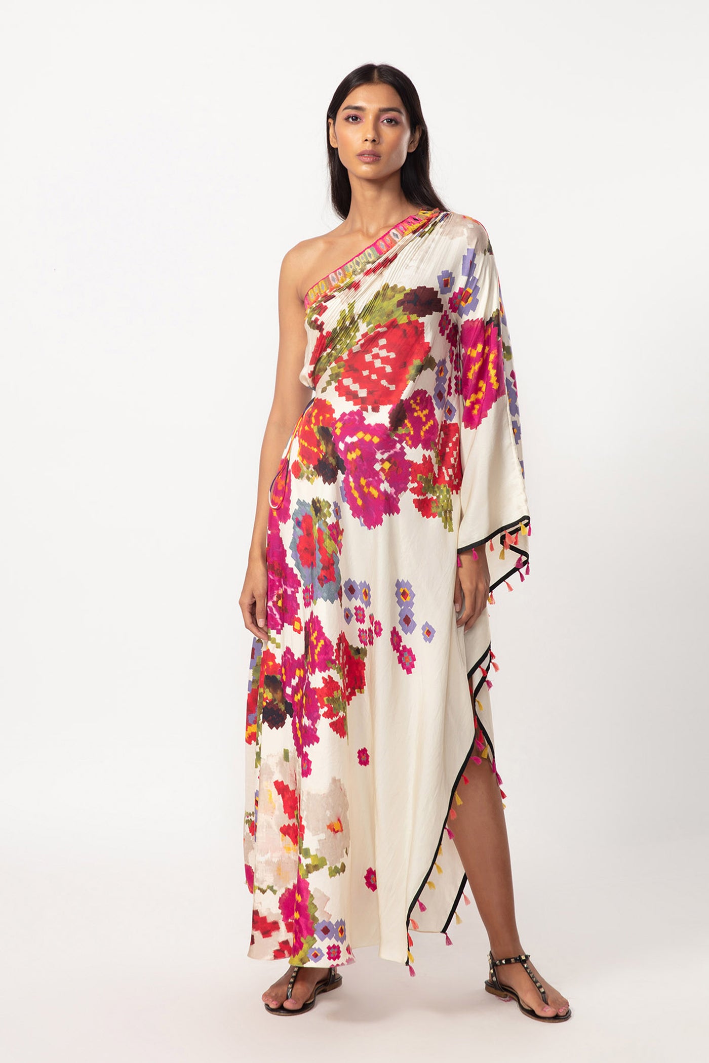 Saaksha and Kinni Abstract Floral Print Hand Micro Pelated Kaftan Dress indian designer online shopping melange singapore