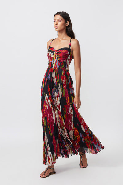 Saaksha and Kinni Abstract Floral Print Hand Micro Pleated Maxi Dress indian designer online shopping melange singapore