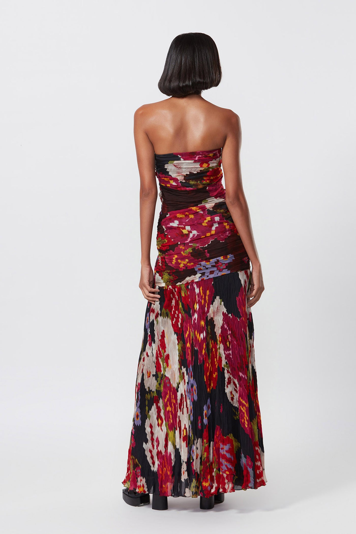 Saaksha and Kinni Abstract Floral Print Hand Micro Pleated Strapless Gown indian designer online shopping melange singapore