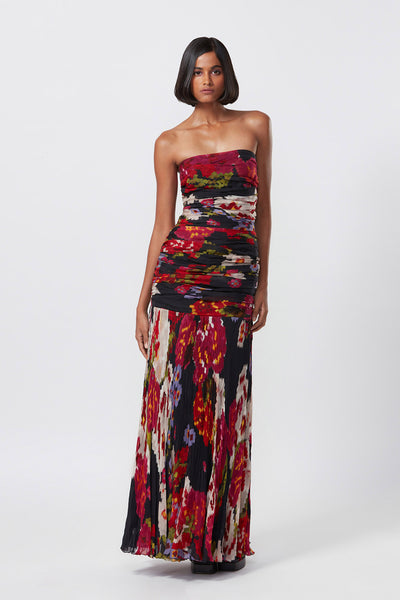 Saaksha and Kinni Abstract Floral Print Hand Micro Pleated Strapless Gown indian designer online shopping melange singapore