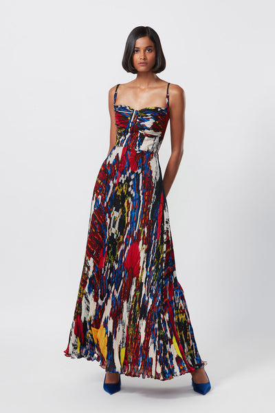 Saaksha and Kinni Abstract floral print handn micro pleated maxi dress indian designer online shopping melange singapore