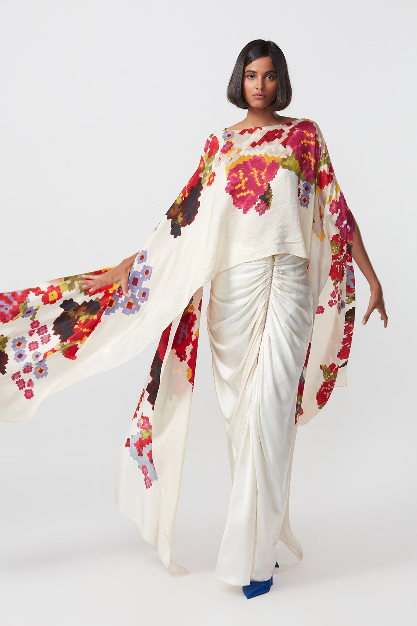 Saaksha and Kinni Abstract Abstract Floral Print Placement High Neck Kaftan Style Cape indian designer online shopping melange singapore