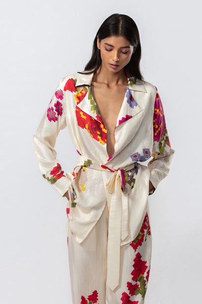 Saaksha and Kinni Abstract floral print shirt collared jacket with detachable belt indian designer online shopping melange singapore