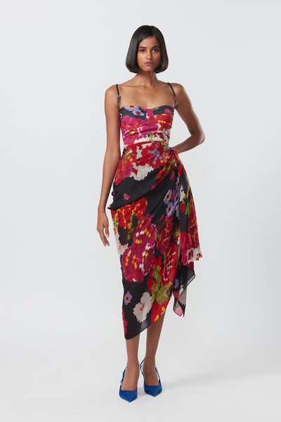 Saaksha and Kinni Abstract floral print side draped midi dress indian designer online shopping melange singapore