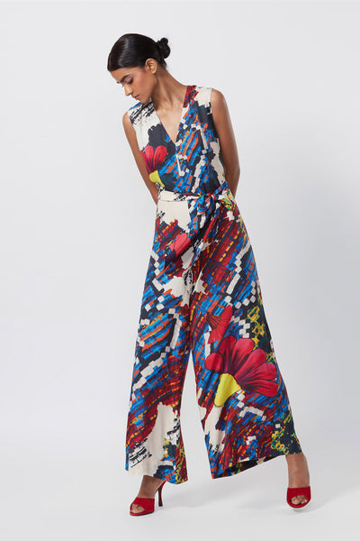 Saaksha and Kinni Abstract floral print sleeveless jumpsuit with attached belt indian designer online shopping melange singapore