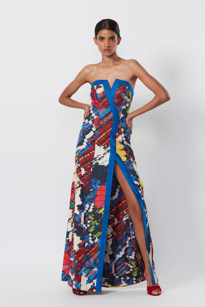 Saaksha and Kinni Abstract floral print strapless dress with off Centre slit indian designer online shopping melange singapore