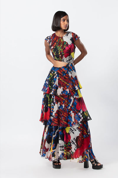 Saaksha and Kinni Abstract floral print three tier dress with side cutout indian designer online shopping melange singapore