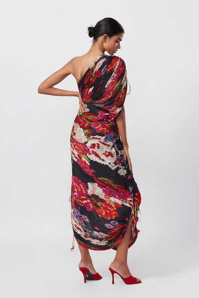 Saaksha and Kinni Abstract Floral Print, Hand Micro Pleated Sari Style Dress indian designer online shopping melange singapore