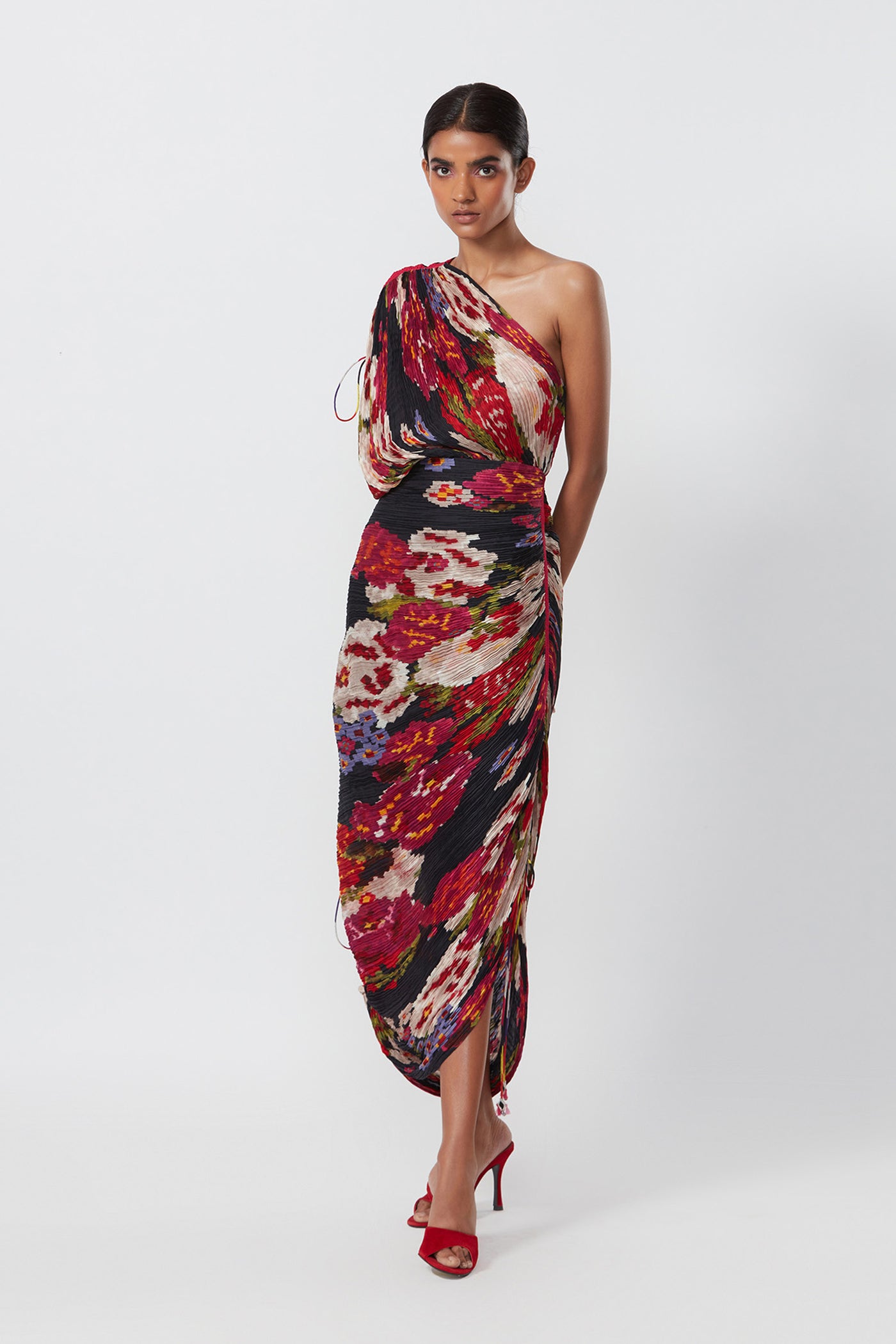 Saaksha and Kinni Abstract Floral Print, Hand Micro Pleated Sari Style Dress indian designer online shopping melange singapore
