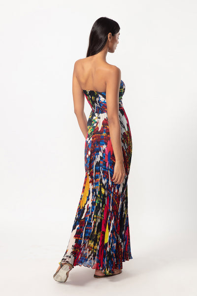Saaksha and Kinni Abstract floral print, part hand micro pleated maxi dress with customizable side slit indian designer online shopping melange singapore