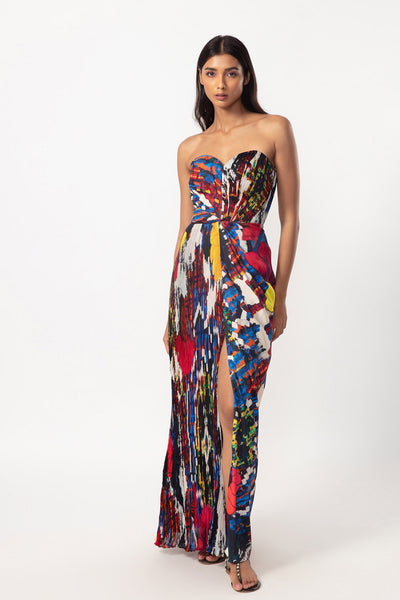 Saaksha and Kinni Abstract floral print, part hand micro pleated maxi dress with customizable side slit indian designer online shopping melange singapore