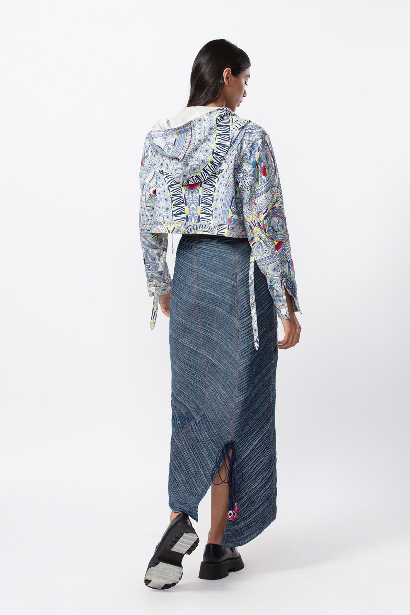 Saaksha and Kinni  Abstract print denim hooded bomber style cropped jacket indian designer online shopping melange singapore