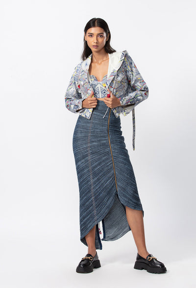 Saaksha and Kinni  Abstract print denim hooded bomber style cropped jacket indian designer online shopping melange singapore