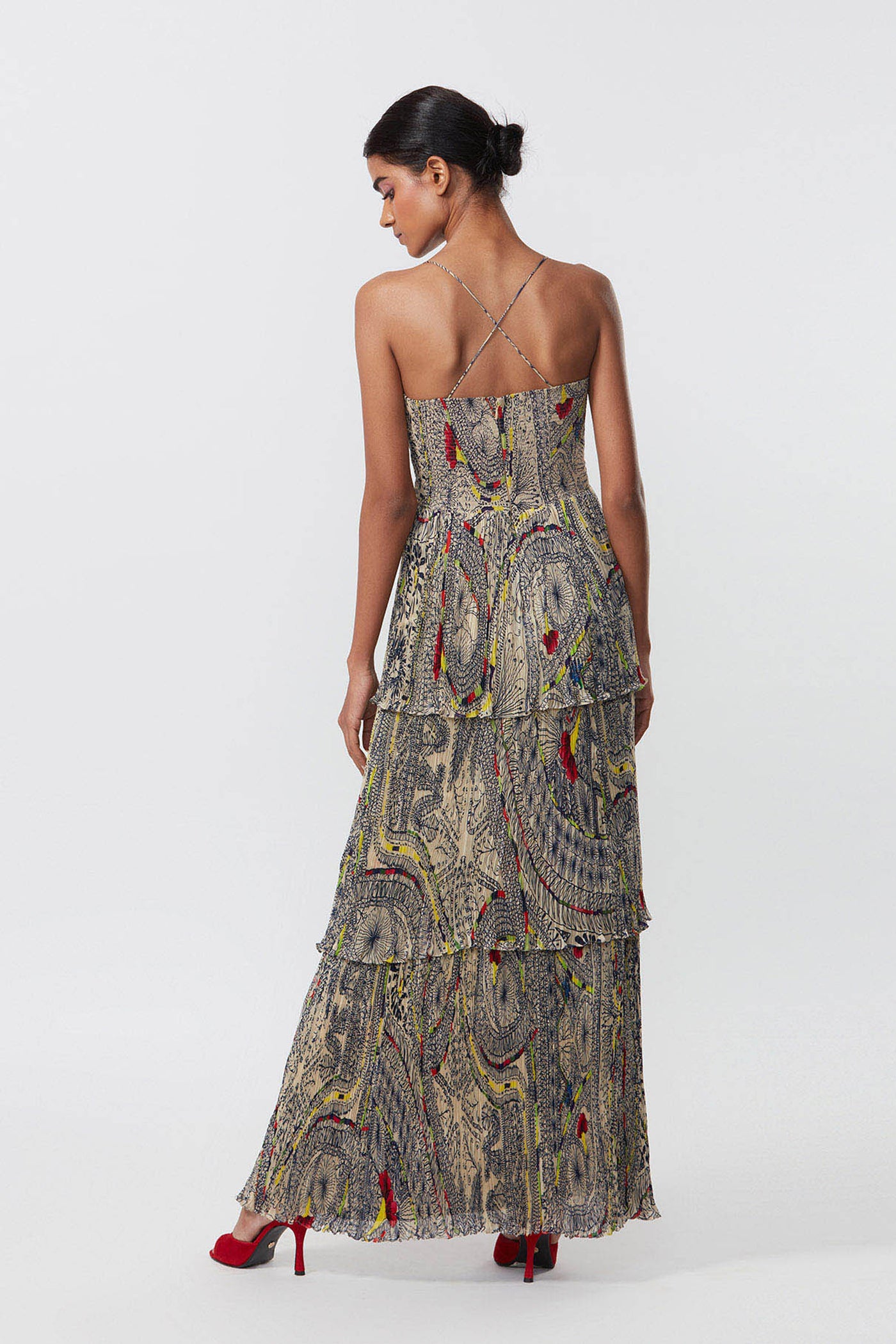 Saaksha and Kinni Hand micro pleated abstract print three tier maxi dress indian designer online shopping melange singapore