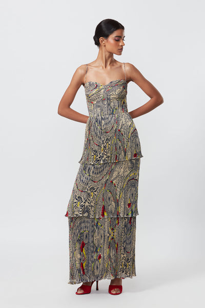 Saaksha and Kinni Hand micro pleated abstract print three tier maxi dress indian designer online shopping melange singapore